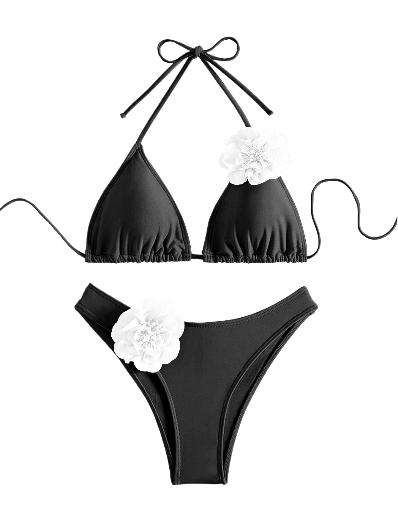 Costume da bagno bikini con applicazioni floreali 3D rosa | Top a triangolo all'americana e slip sgambati | Bikini da donna due pezzi floreale e femminile