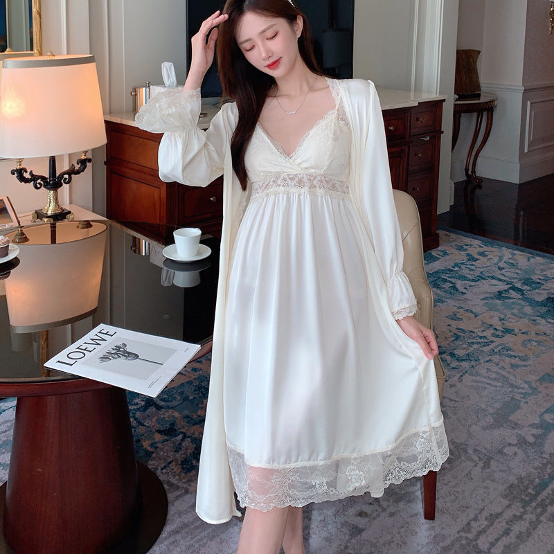 Women's Black Satin Lace Trim Nightgown and Robe Set Sexy 2 Piece V Neck Slip Dress with Long Sleeve Dressing Gown Sleepwear