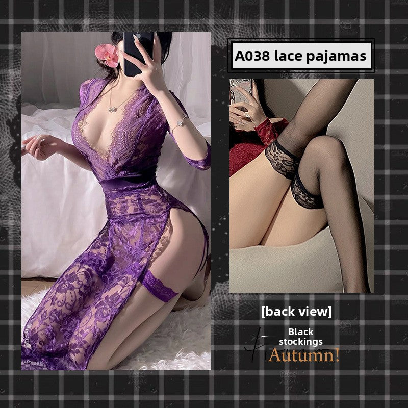 Women's Black Floral Vine Lace Maxi Dress Sexy Deep V Neck Long Sleeve High Slit See-Through Nightgown Lingerie Gown