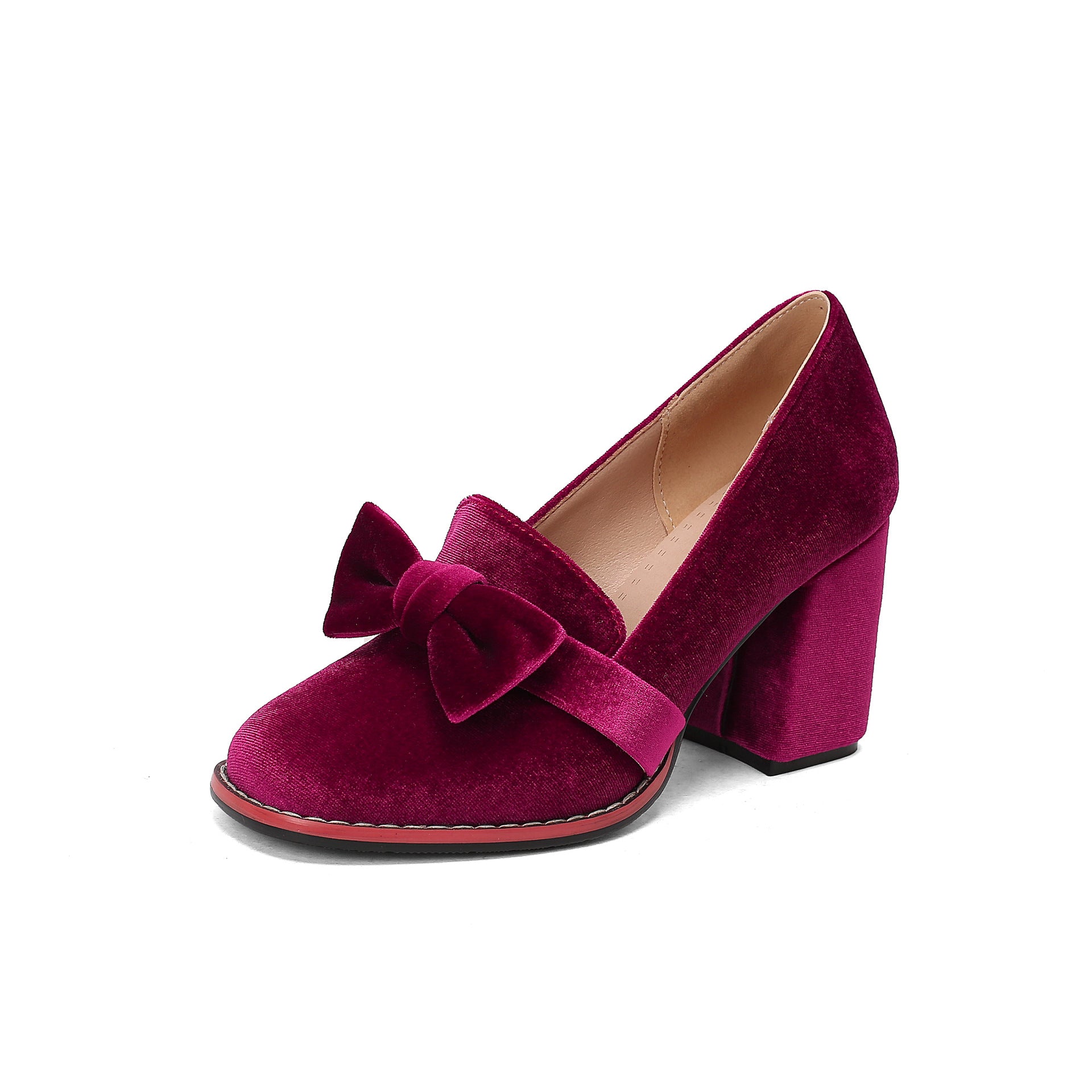 Magenta Velvet Bow Loafer Block Heel Pumps | Women's Round Toe Slip-On Chunky Heel Shoes | Luxury Velvet Party Heels