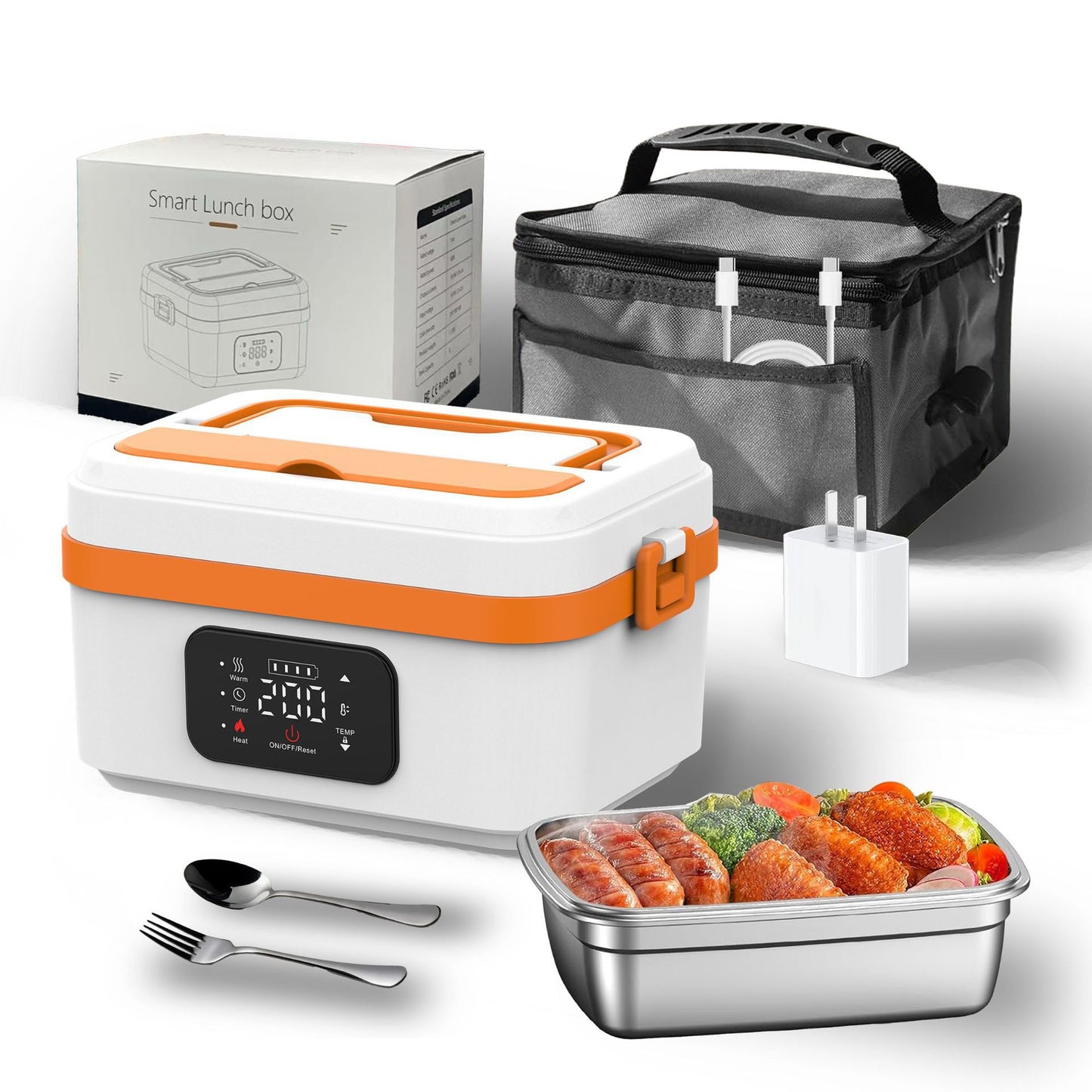 Electric Lunch Box Food Heater with LCD Display Timer & Carry Bag - Portable Self Heating Bento Box Stainless Steel Container for Work