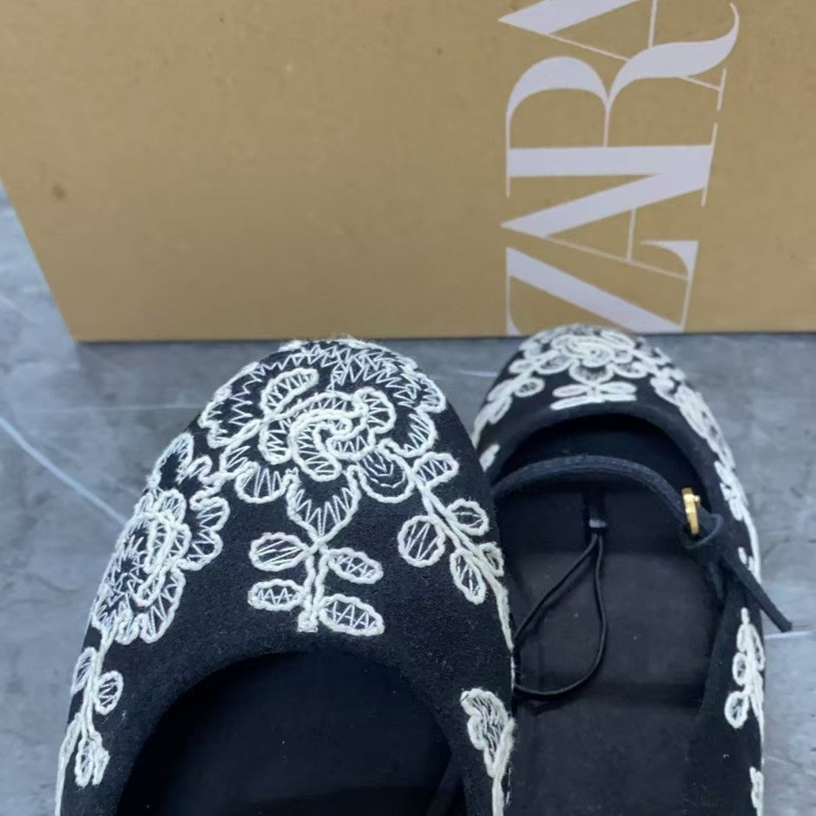 Zara Black Floral Embroidered Mary Jane Ballet Flats | White Lace Flower Strap Flat Shoes for Women