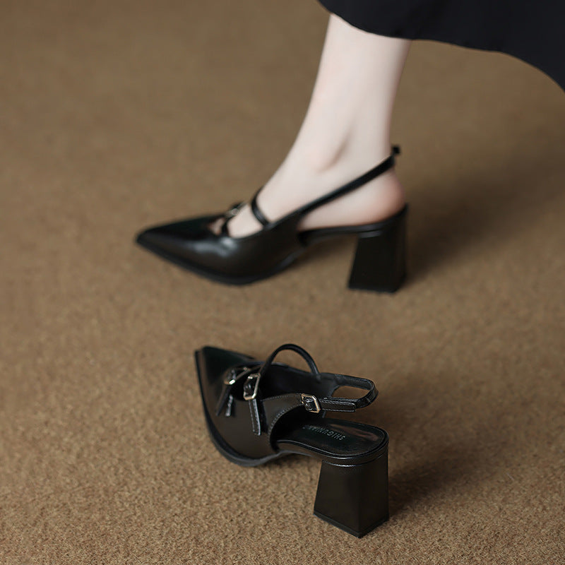 Black Leather Double Buckle Strap Pointed Toe Slingback Block Heel Pumps | Women's Mary Jane Style Mid Heel Shoes