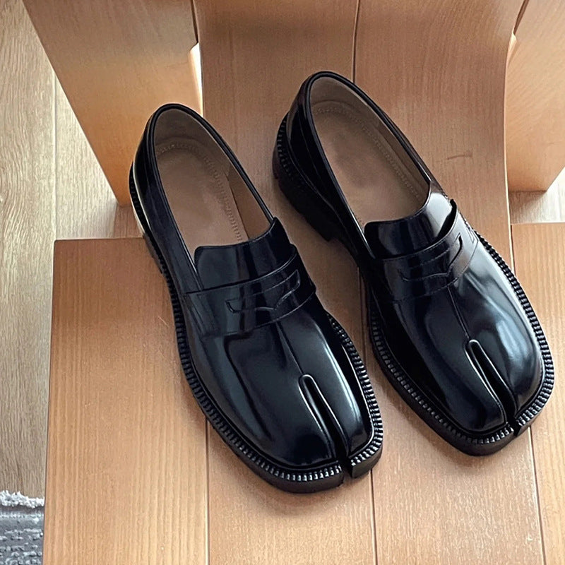 Women's Black Patent Leather Tabi Split Toe Loafers ? Avant-Garde Penny Loafer Flat Shoes