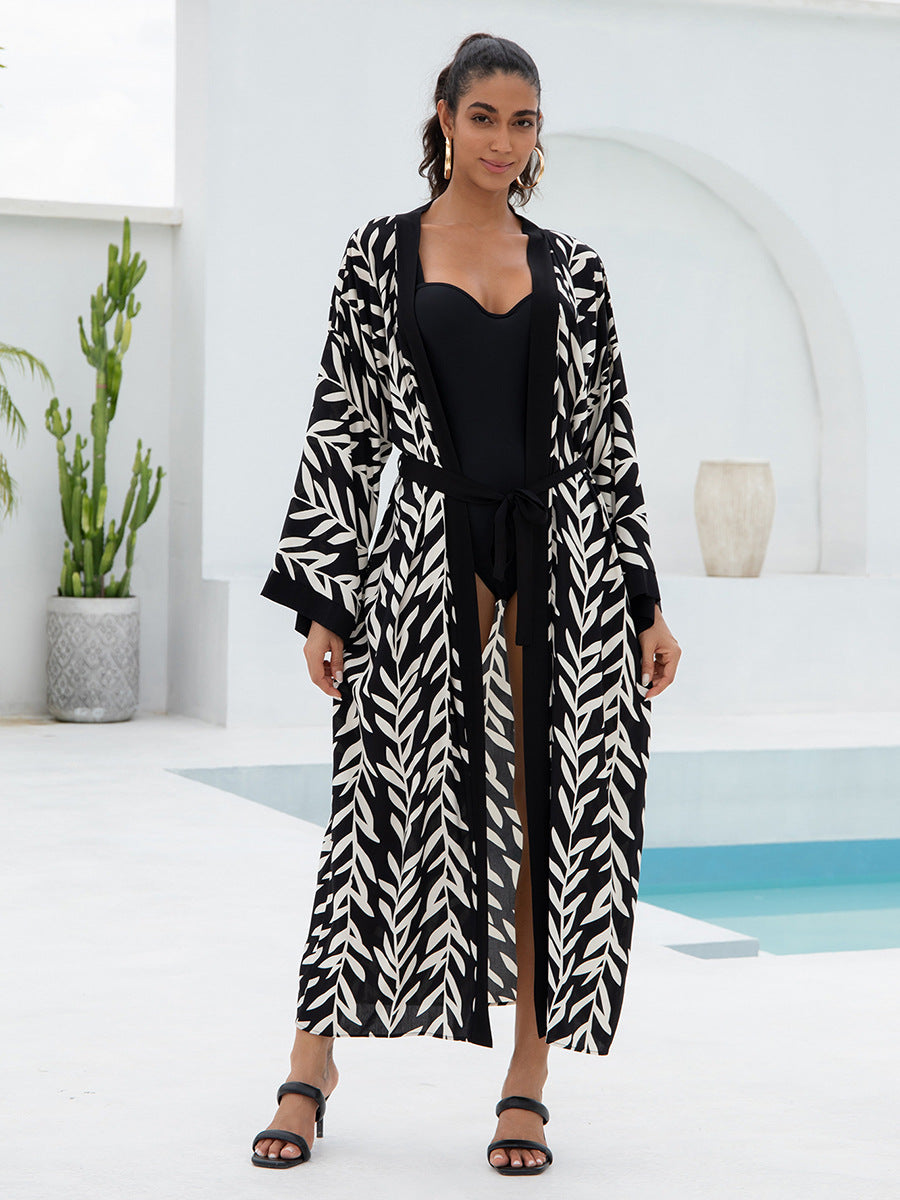 Women's Zebra Print Maxi Kimono Cover-Up | Long Belted Open Front Cardigan | Beach Pool Swimsuit Cover Up ? Black & White Animal Print