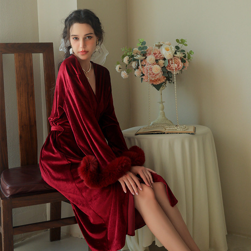 Burgundy Velvet Bridal Robe with Faux Fur Cuffs | Luxury Wedding Getting Ready Robe for Women ? Belted V-Neck Loungewear
