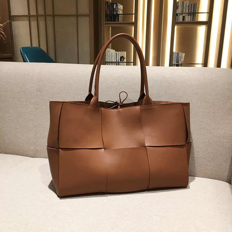 Women's Genuine Leather Woven Tote Bag - Large Intrecciato Weave Handbag in Tan Cognac Brown - Luxury Structured Top Handle Shopper Bag - Designer Inspired Everyday Work Bag