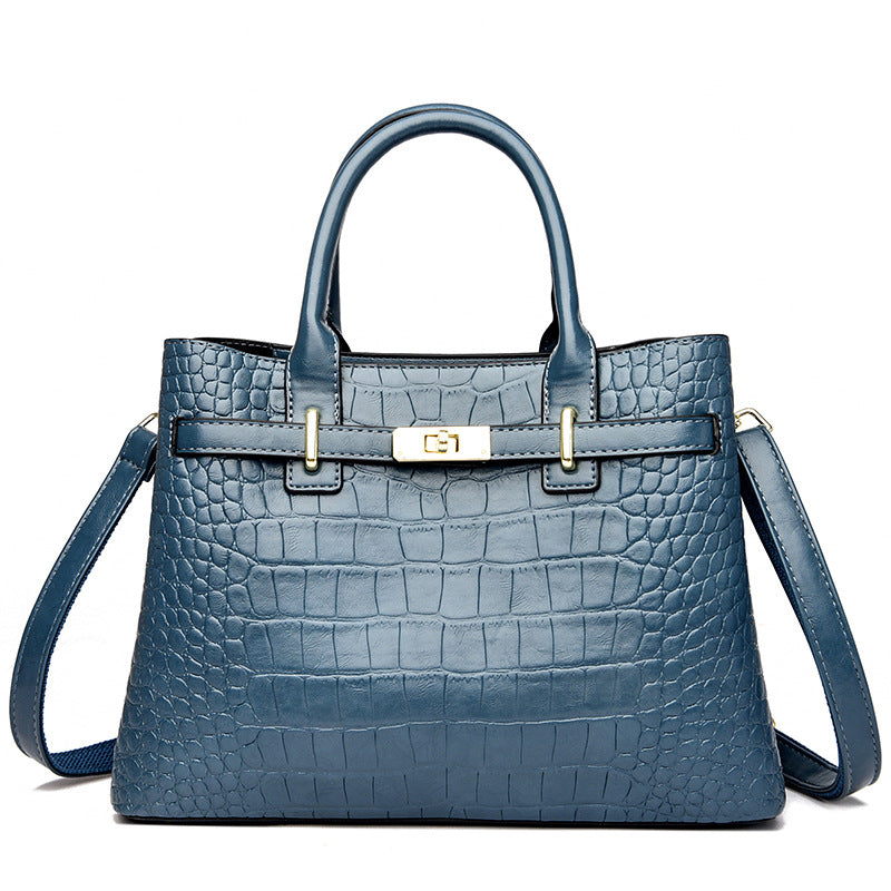 Black Crocodile Embossed Leather Tote Bag Gold Turn Lock Top Handle Crossbody Strap | Women Luxury Birkin Style Structured Handbag Office Shoulder Purse