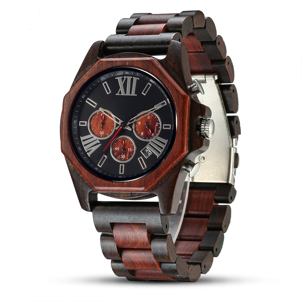 Men's Handcrafted Wooden Chronograph Watch | Zebra & Red Sandalwood Two-Tone Band | Octagonal Case, Roman Numerals & Date Display | Eco-Friendly Luxury Timepiece