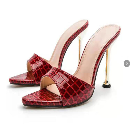 Red Croc Embossed Stiletto Mule Heels | Gold Metallic Thin Heel Open Back Sandals | Luxury Party Shoes