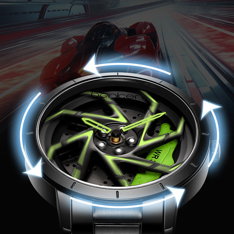 Bodeer Spinning Rim Watch Men | 3D Red Turbine Wheel Dial | Silver Stainless Steel Bracelet | Racing Car Enthusiast Watch