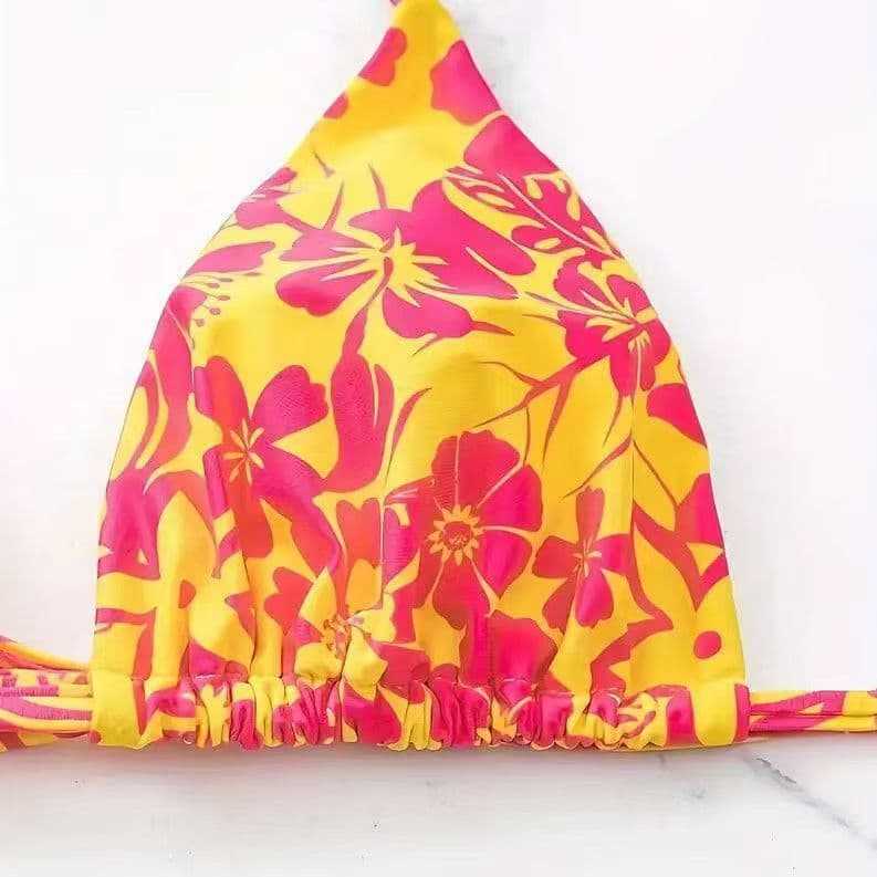 Yellow Red Tropical Floral Bikini Set | Triangle Halter Top High Cut Bottom Swimsuit | Women's Vibrant Hawaiian Swimwear