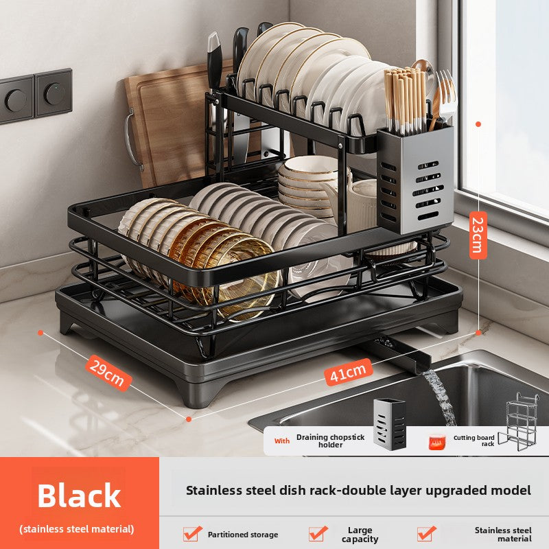 2-Tier Dish Drying Rack with Drainage | Large Capacity Kitchen Organizer with Cutting Board, Knife & Chopstick Holder | Countertop Dish Drainer