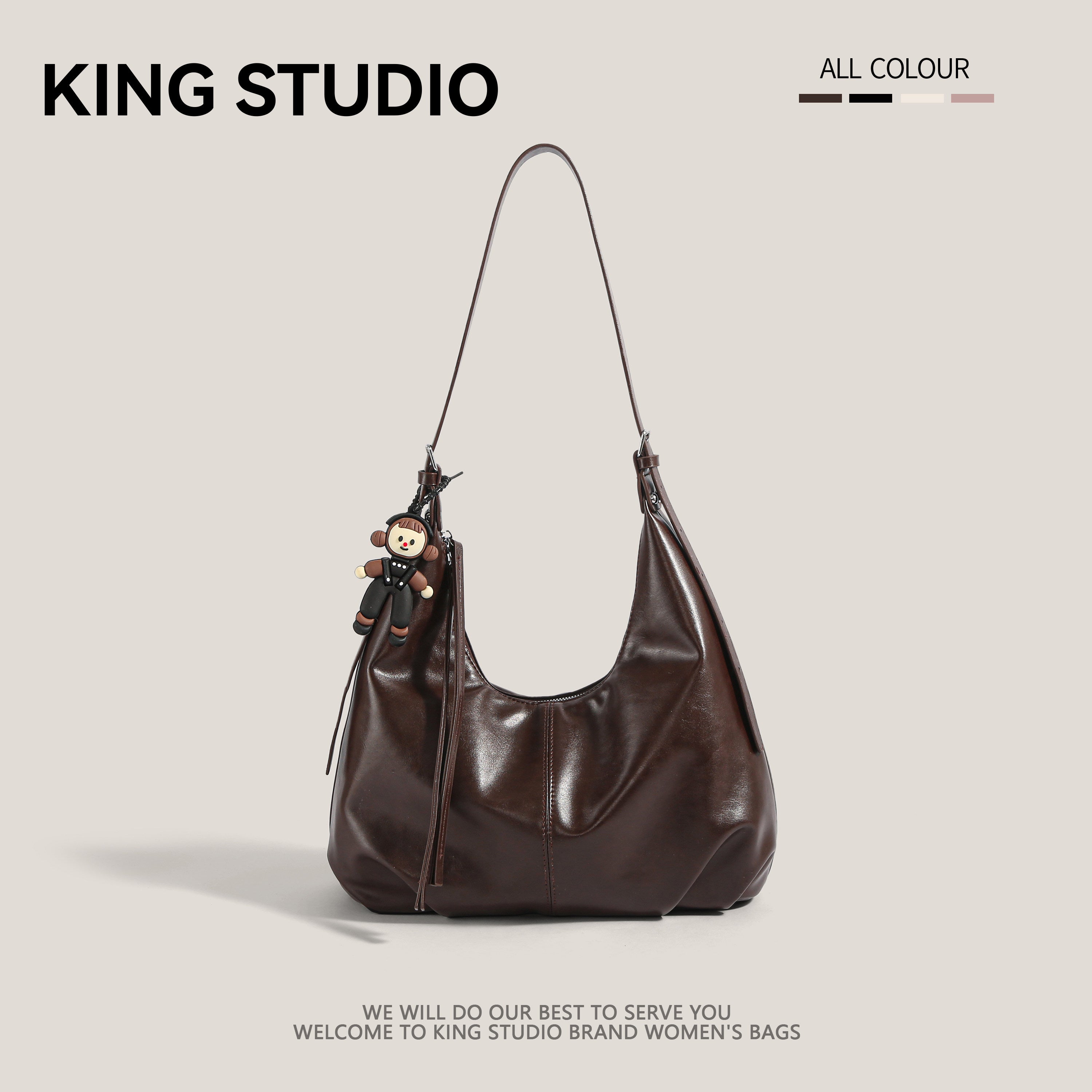 Dark Brown Leather Hobo Bag with Monkey Charm | Soft Slouchy Shoulder Bag