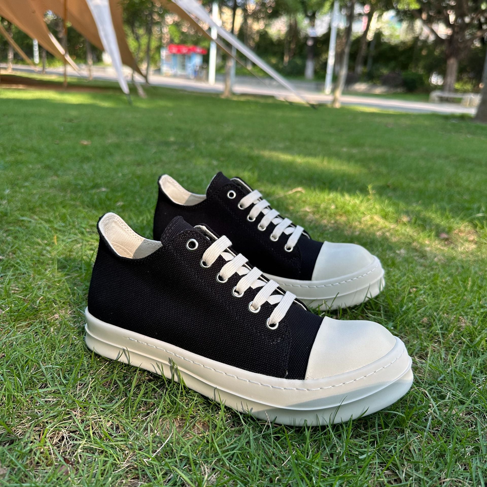 Black Canvas Low Top Sneakers | Chunky White Sole Lace-Up Unisex Platform Shoes | Avant-Garde Street Style Trainers