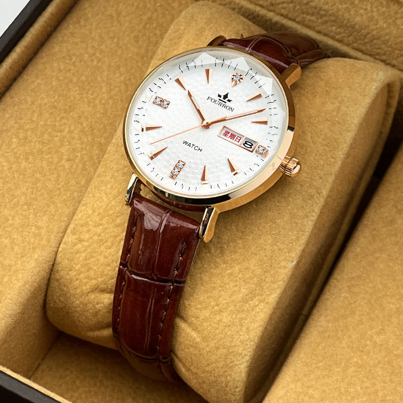 Fourron Rose Gold Mesh Women's Watch | White Dial Crystal Markers Day Date Display Elegant Quartz Timepiece