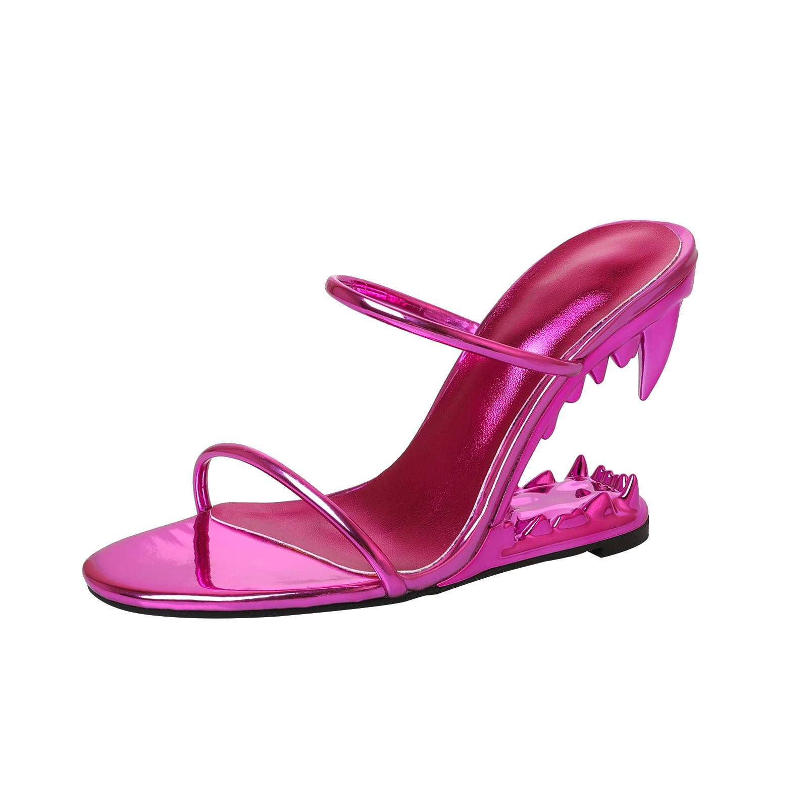 Black Patent Sculptural Fang Wedge Heel Strappy Mule Sandals | Women's Avant Garde Open Toe Heels