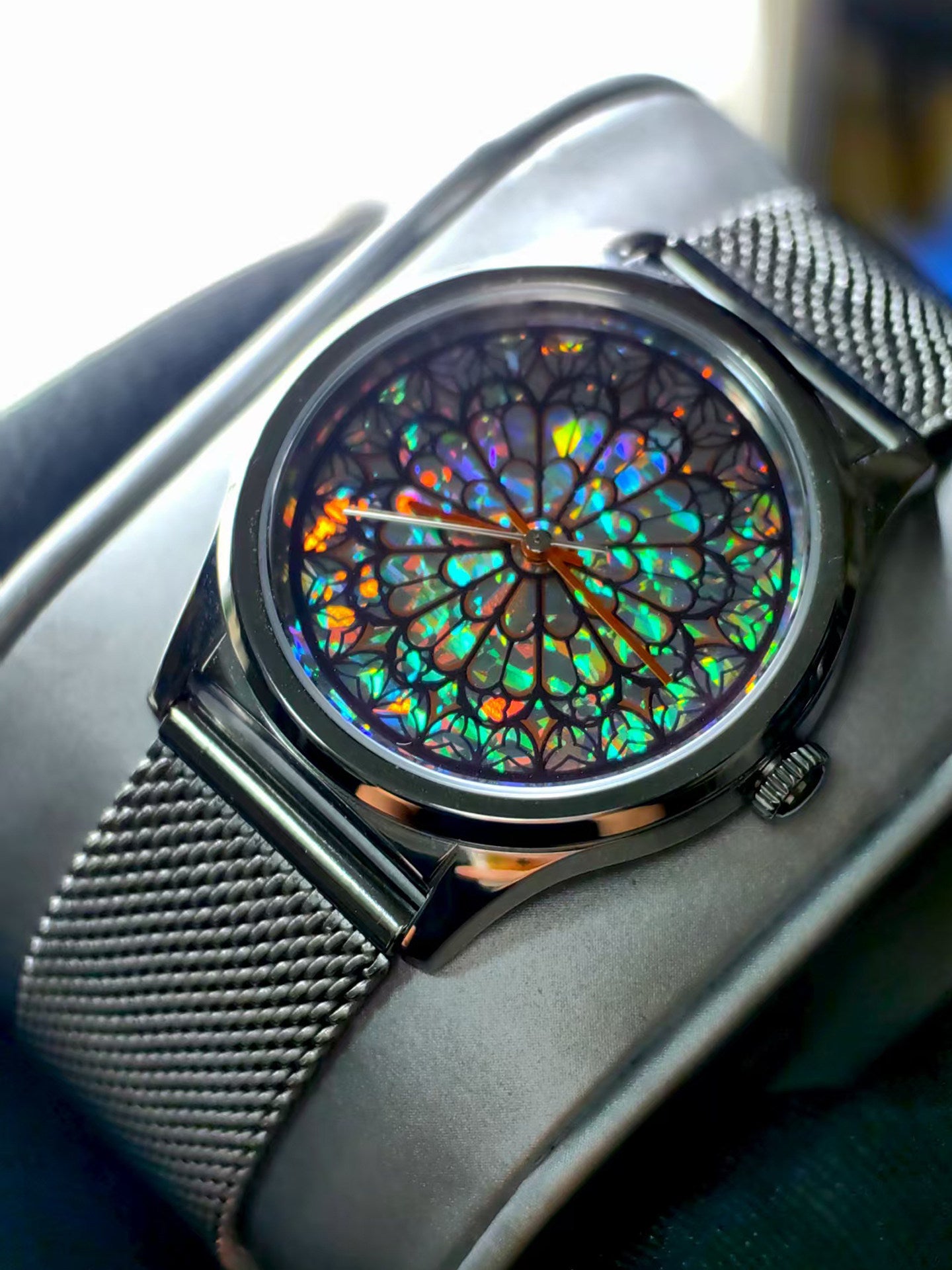 Stained Glass Cathedral Rose Window Watch | Holographic Iridescent Dial | Black Milanese Mesh Strap | Unisex Artistic Statement Watch | UAE