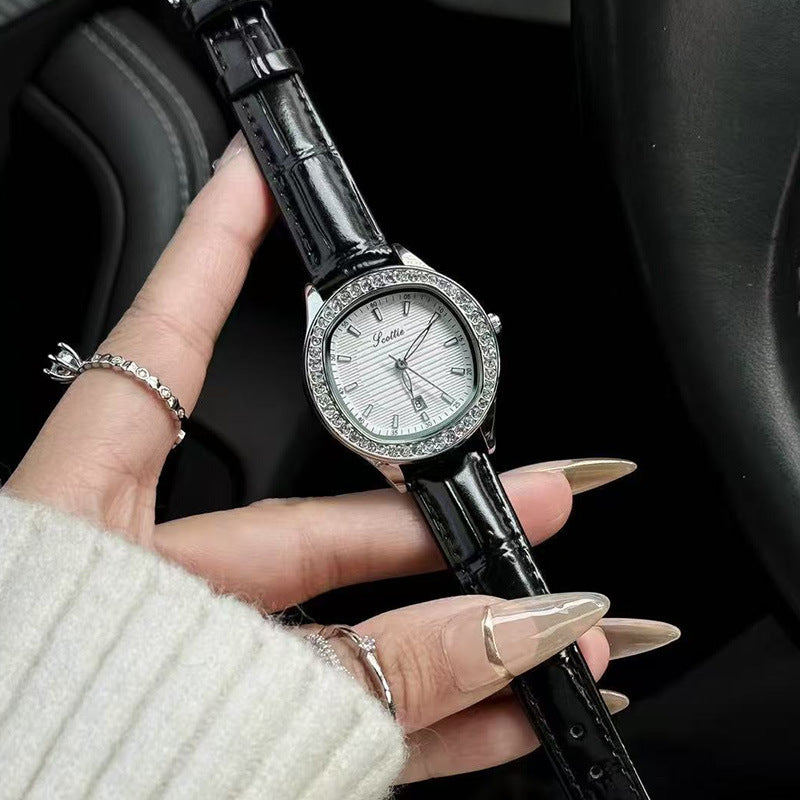 Scottie Crystal Bezel Watch Women | Silver Textured Dial | Black Crocodile Leather Strap | Date Display Elegant Dress Watch