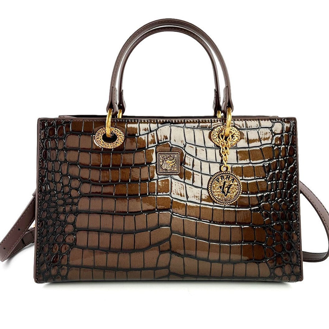 Crocodile Embossed Luxury Handbag Set - Gold & Bronze Tote Bags with Medallion Charms | Designer Style Structured Bags
