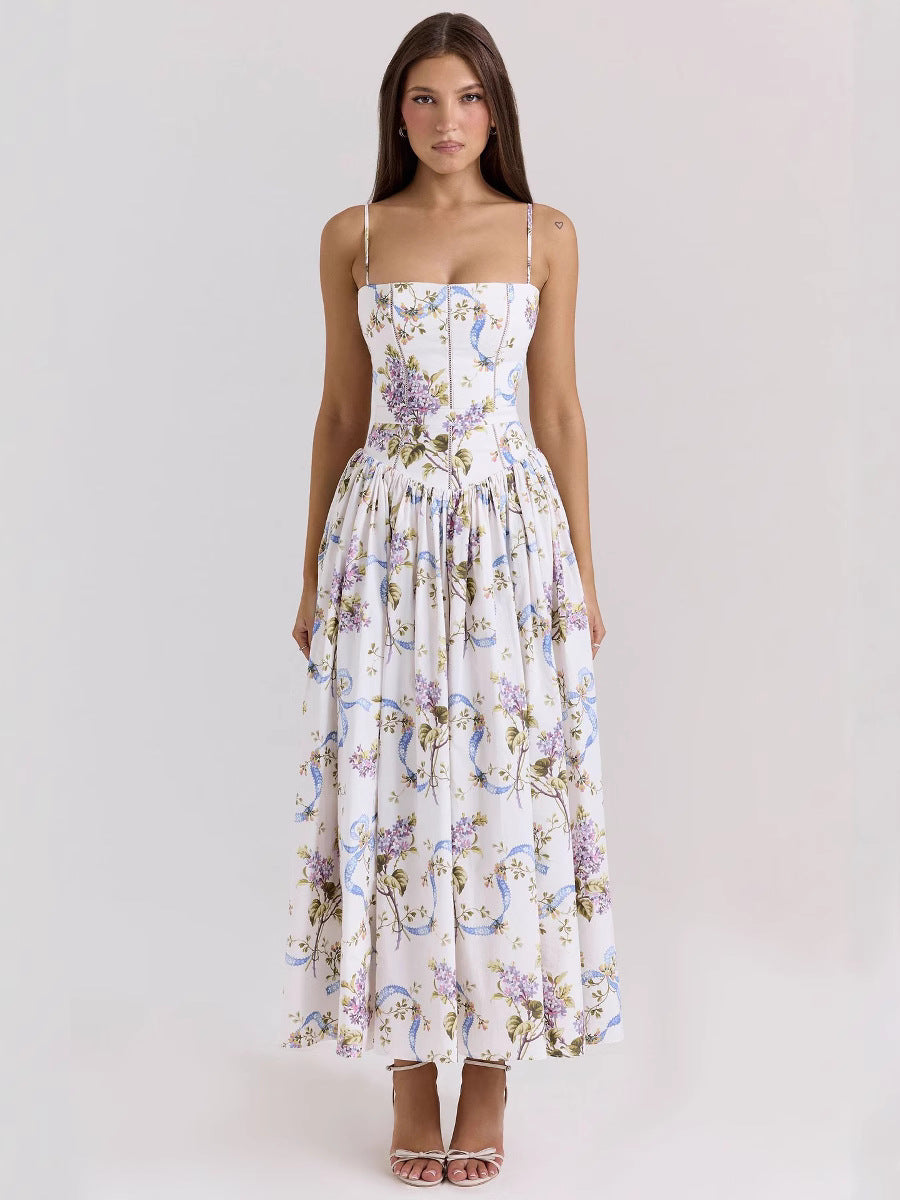 Abito midi a corsetto bianco | Stili con spalline sottili e maniche a sbuffo | Abito con gonna a pieghe floreale e tinta unita