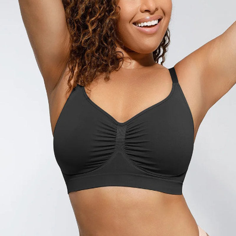 Women's Black Seamless Wireless Bra with Ruched Front Detail, Thin Adjustable Straps and V Neckline for Plus Size