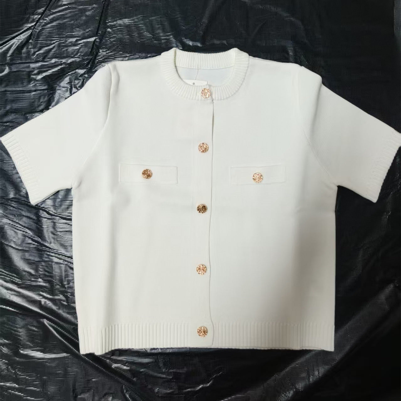 INDEFEIR Women's Burgundy Knit Cardigan - Short Sleeve Button Down Sweater with Gold Jewel Buttons & Chest Pockets - Elegant Cropped Knitwear for Fall Winter - Ladies Luxury Knit Top