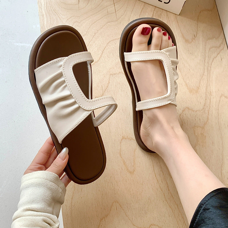 H Strap Flat Slide Sandals for Women | Designer Inspired H Band Open Toe Mule Sandals | Available in Brown Cream Black | Luxury Minimalist Slip-On Summer Sandals | Hermes Inspired Flat Sandals