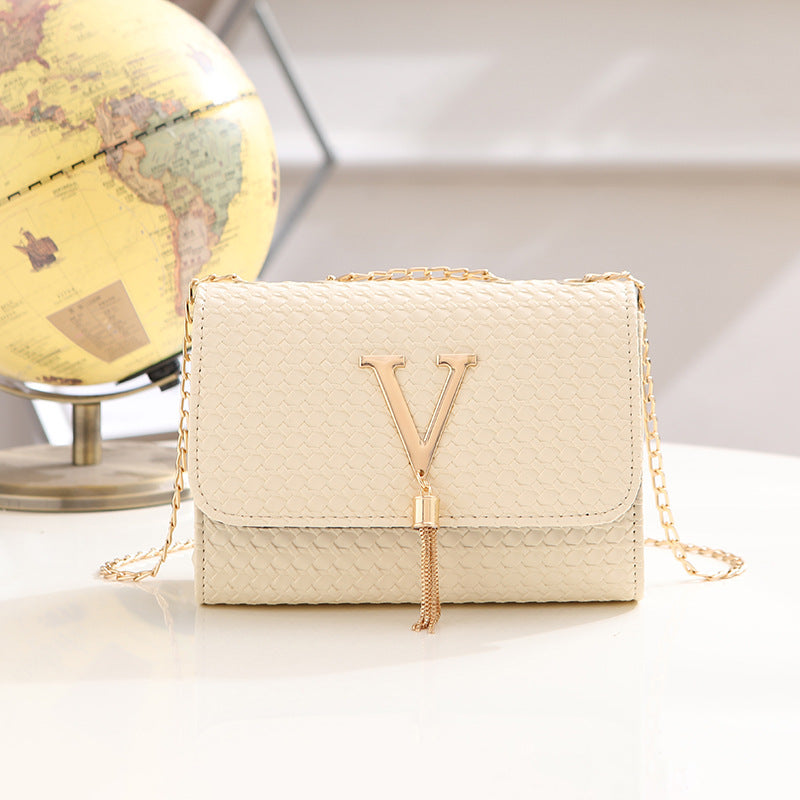 Beige Python Embossed Crossbody Bag with V Logo - Chain Strap Evening Bag with Gold Tassel | Designer Inspired Clutch