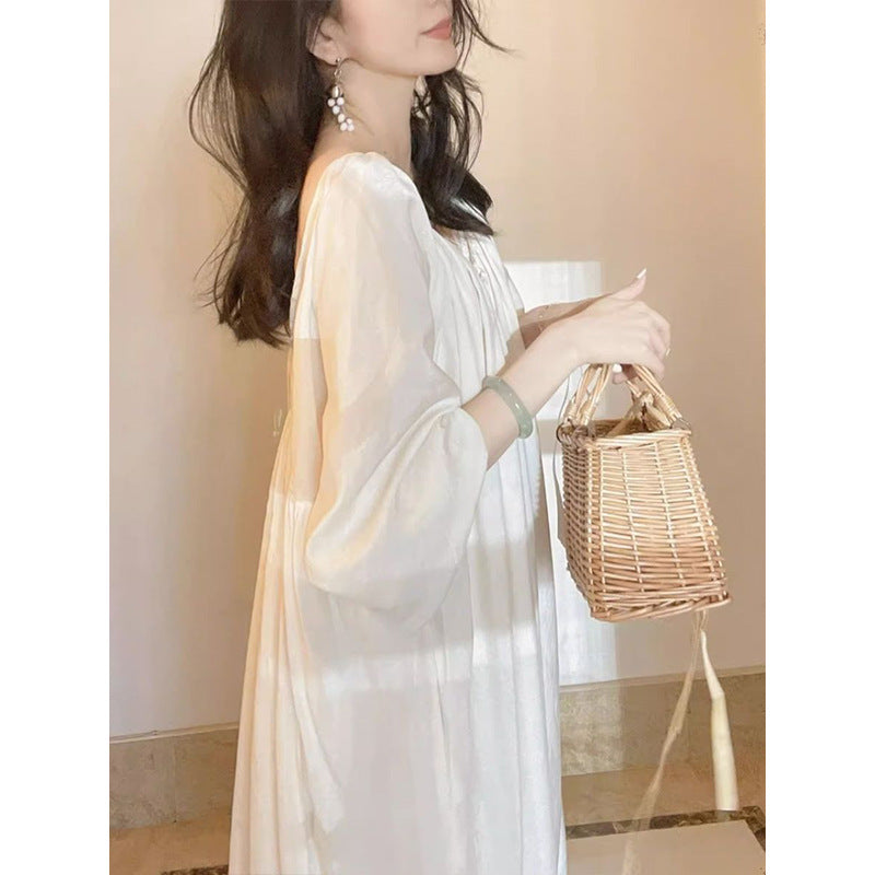 Women's Beige Oversized Loose Maxi Dress Casual V-Neck Tie Front Puff Sleeve Flowy Nightgown Sleepwear Dress