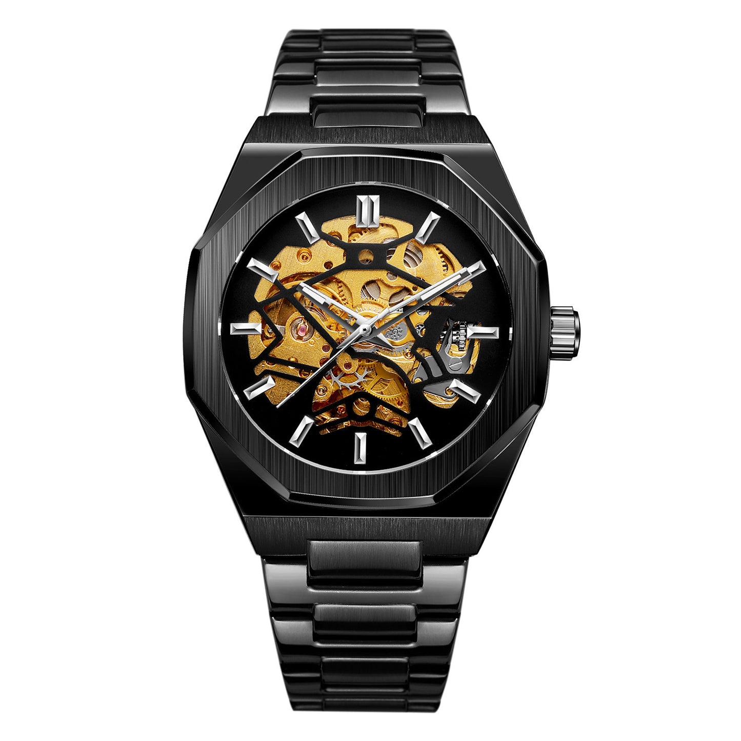 Men's Black Skeleton Automatic Watch | Gold Movement Octagonal Steel Bracelet Mechanical Watch
