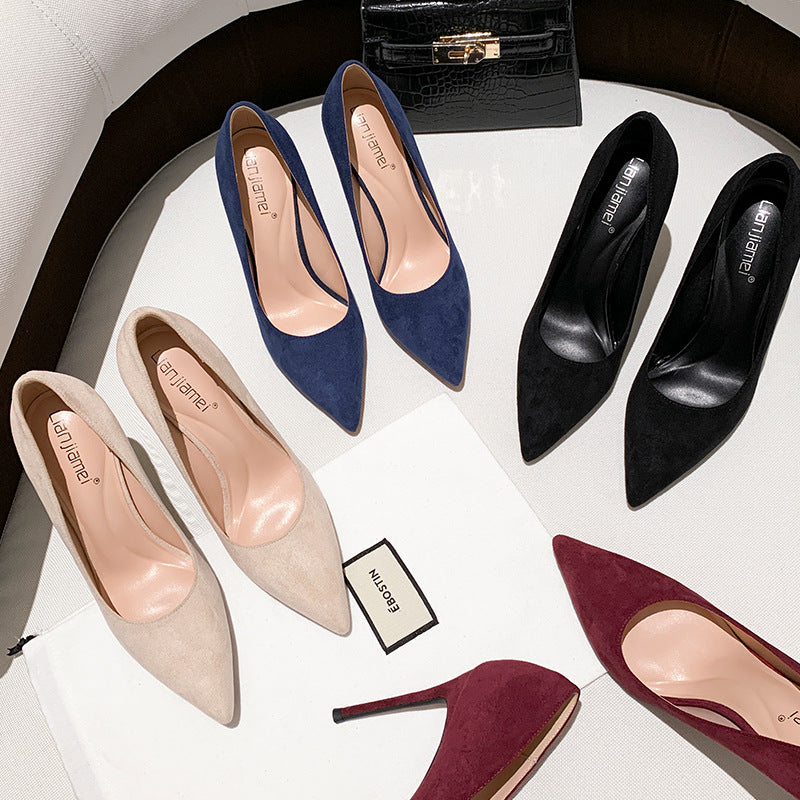 Black Suede Stiletto Pumps Women Pointed Toe Slip On High Heel Classic Minimalist Office Party Dress Shoes