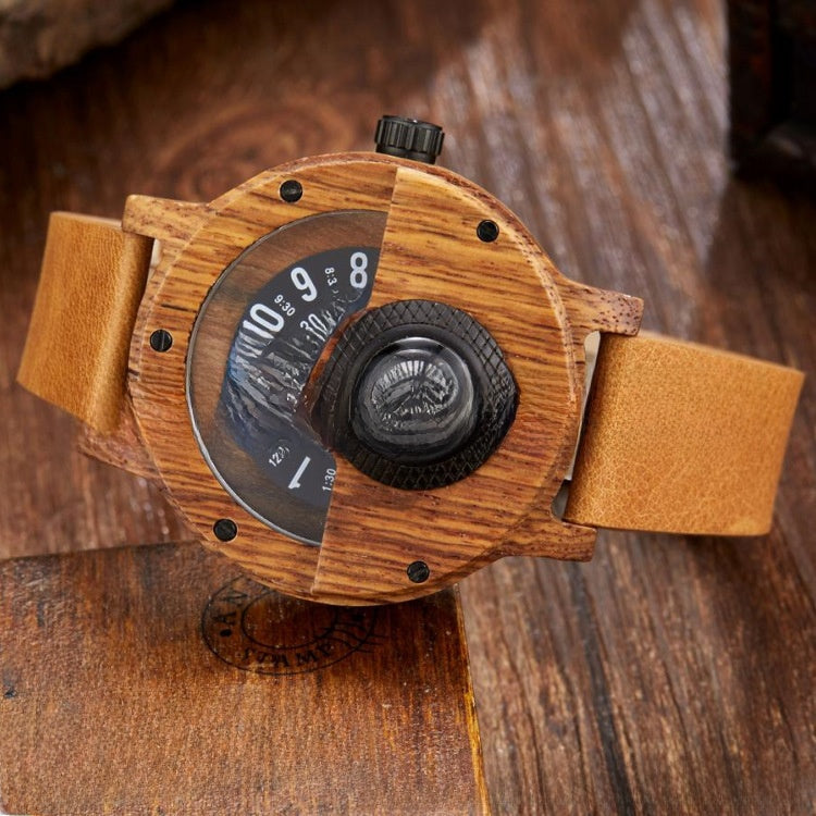 Mens Wooden Watch with Built In Compass Unique Turntable Dial Natural Wood Bracelet Quartz Wristwatch Handcrafted Gift for Men