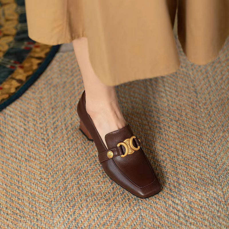 Brown Square Toe Block Heel Loafer Pumps | Women's Gold Chain Hardware Chunky Heel Leather Slip-On Shoes | Retro Luxury Heels