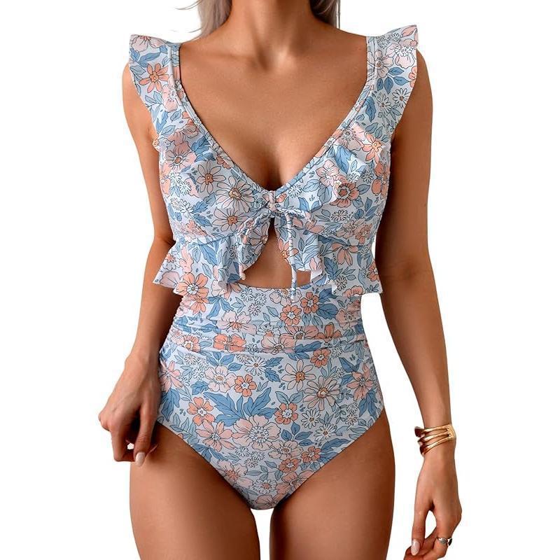 Teal Ruffle V-Neck Tie Front Cutout One Piece Swimsuit | High Waist Ruched Monokini | Women's Elegant Swimwear