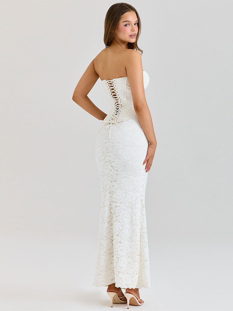 White Lace Corset Maxi Dress | Strapless Sweetheart Mermaid Bridal Wedding Guest Formal Gown