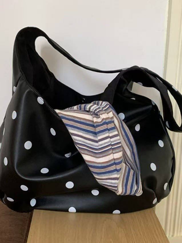 Black Polka Dot Canvas Tote Bag | Large Slouchy Shoulder Bag
