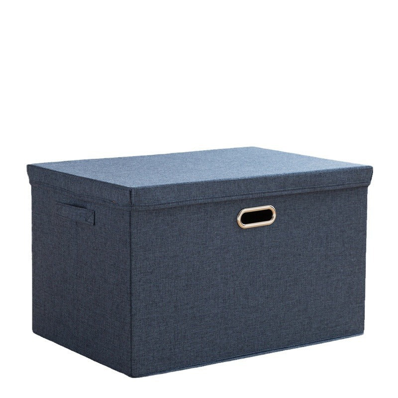 Navy Blue Linen Storage Box with Lid, Large Foldable Fabric Organizer Bin, Home Closet Bedroom Organization Box with Handles, Collapsible Toy Clothes Storage