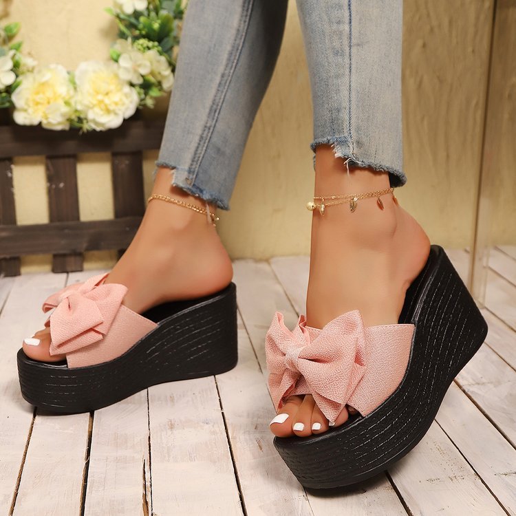 Cream Bow Platform Wedge Sandals | High Wedge Slide Mule Open Toe Summer Shoes Women