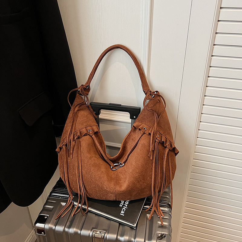 Brown Suede Fringe Hobo Bag - Bohemian Slouchy Shoulder Bag with Tassel Details | Western Style Hobo with Silver Hardware