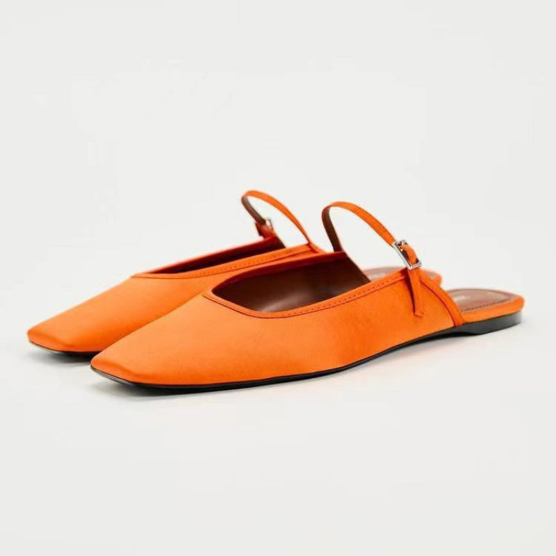 Zara Satin Square Toe Mule Flats | Black White Gold Orange Slip-On Flat Shoes for Women