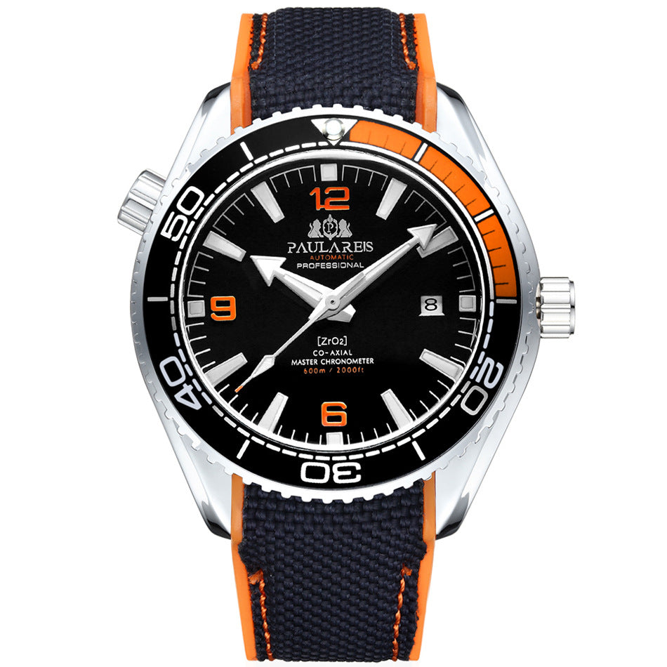 Paulares Professional Men's Diver Watch | Cream Dial Orange Bezel Grey NATO Nylon Strap Master Chronometer Sport Timepiece