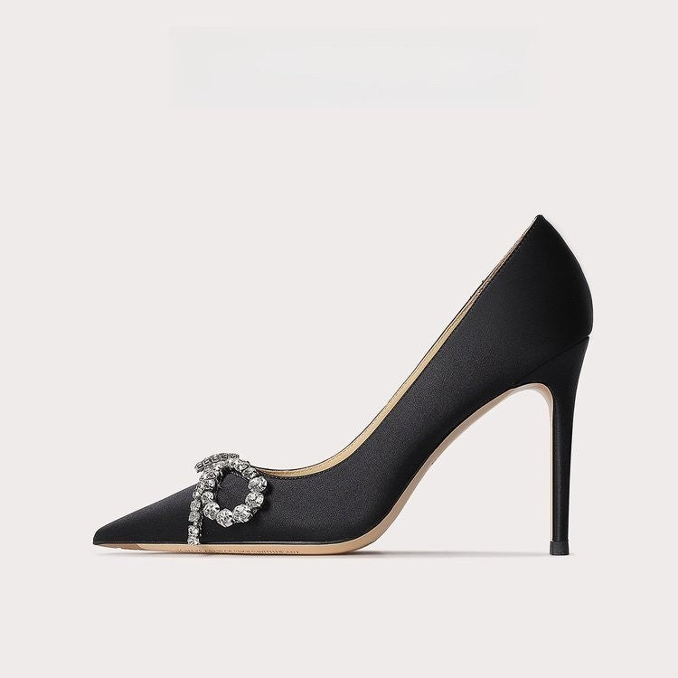 Champagne Satin Crystal Buckle Stiletto Heels | Women's Pointed Toe Rhinestone Pumps