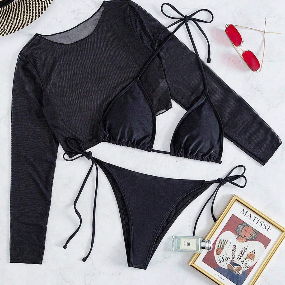 Black Mesh Long Sleeve Crop Top 3-Piece Bikini Set, Sheer Cover Up & Tie Side Thong Bottom, Women Sexy Beach Swimwear, Luxury Pool Party Swimsuit, Rave Festival Bathing Suit