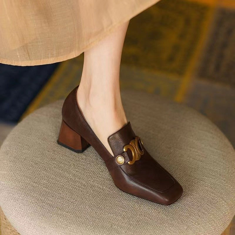 Brown Square Toe Block Heel Loafer Pumps | Women's Gold Chain Hardware Chunky Heel Leather Slip-On Shoes | Retro Luxury Heels