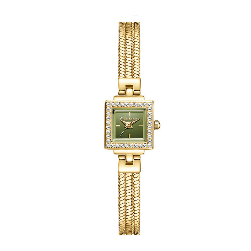 Women's Gold Square Crystal Bezel Watch | Diamond Pave Snake Chain Bracelet Champagne Dial Luxury Quartz Timepiece