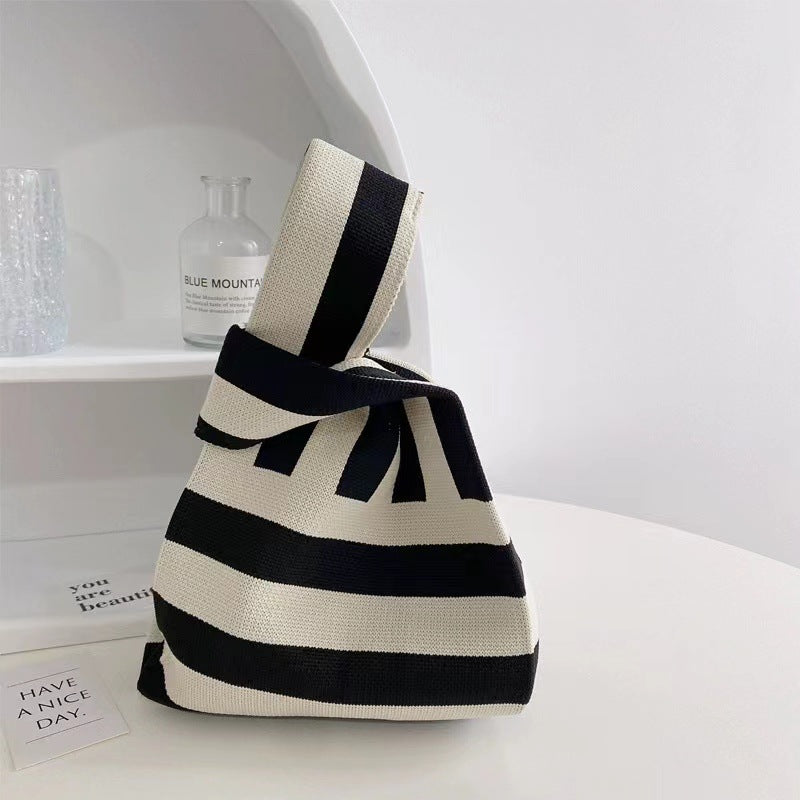 Black & White Geometric Knit Tote Bag | Aztec Pattern Wrist Handle Handbag | Boho Crochet Style Women's Bag