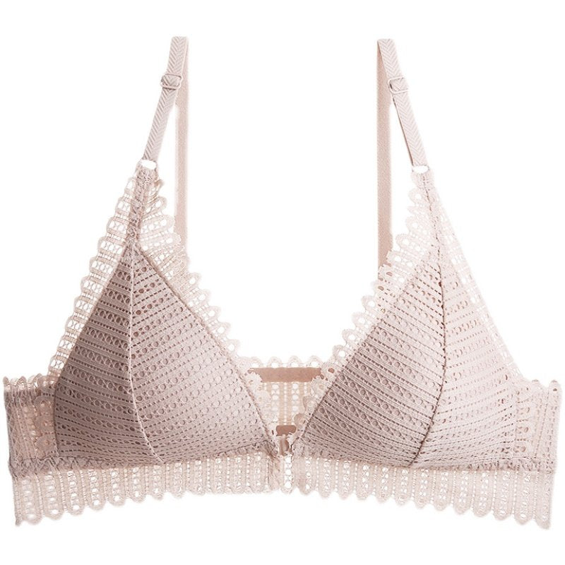 Women's Boho Crochet Lace Bralette & Panty Set ? Sexy V-Neck Scallop Trim Matching Lingerie Set in Nude & Navy