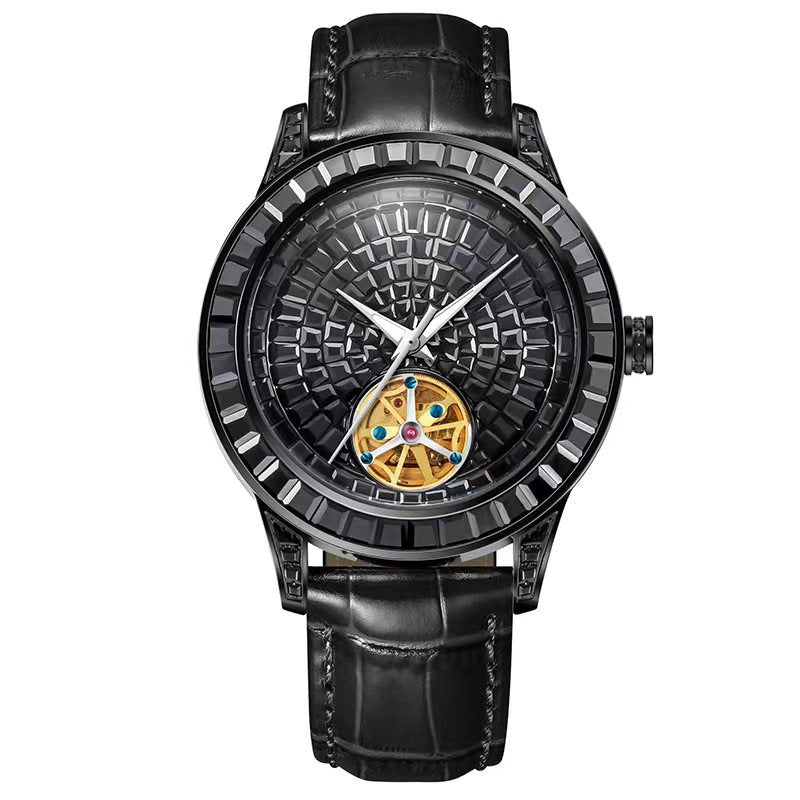 Black Tourbillon Automatic Mechanical Watch Crystal Bezel 3D Textured Dial Black Leather Strap | Men Luxury Skeleton Gold Movement Dress Wrist Watch