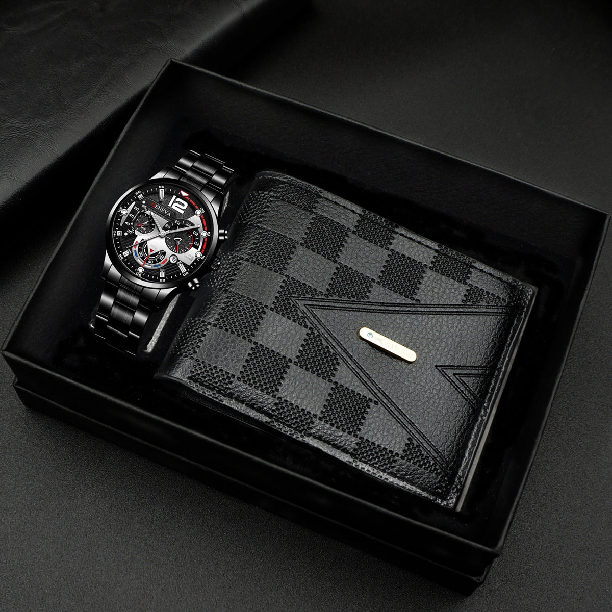 Geneva Men's 3-Piece Black Gift Set | Chronograph Watch + Cuban Link Bracelet + Cross Necklace Luxury Jewelry Box